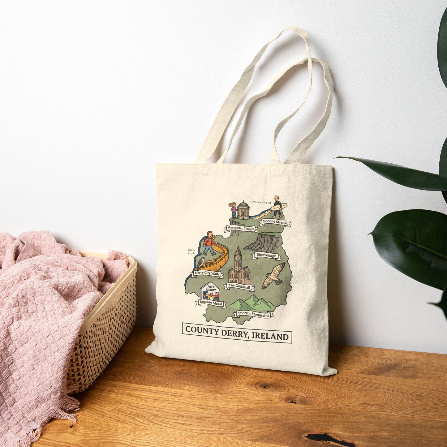 County Derry map illustration Tote Bag | Ireland landmarks, coastal scenes