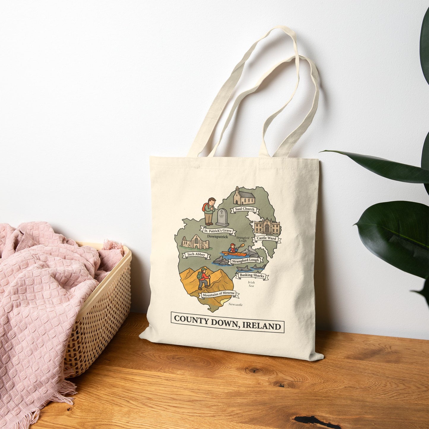 County Down map illustration Tote Bag | Ireland landmarks, coastal scenes