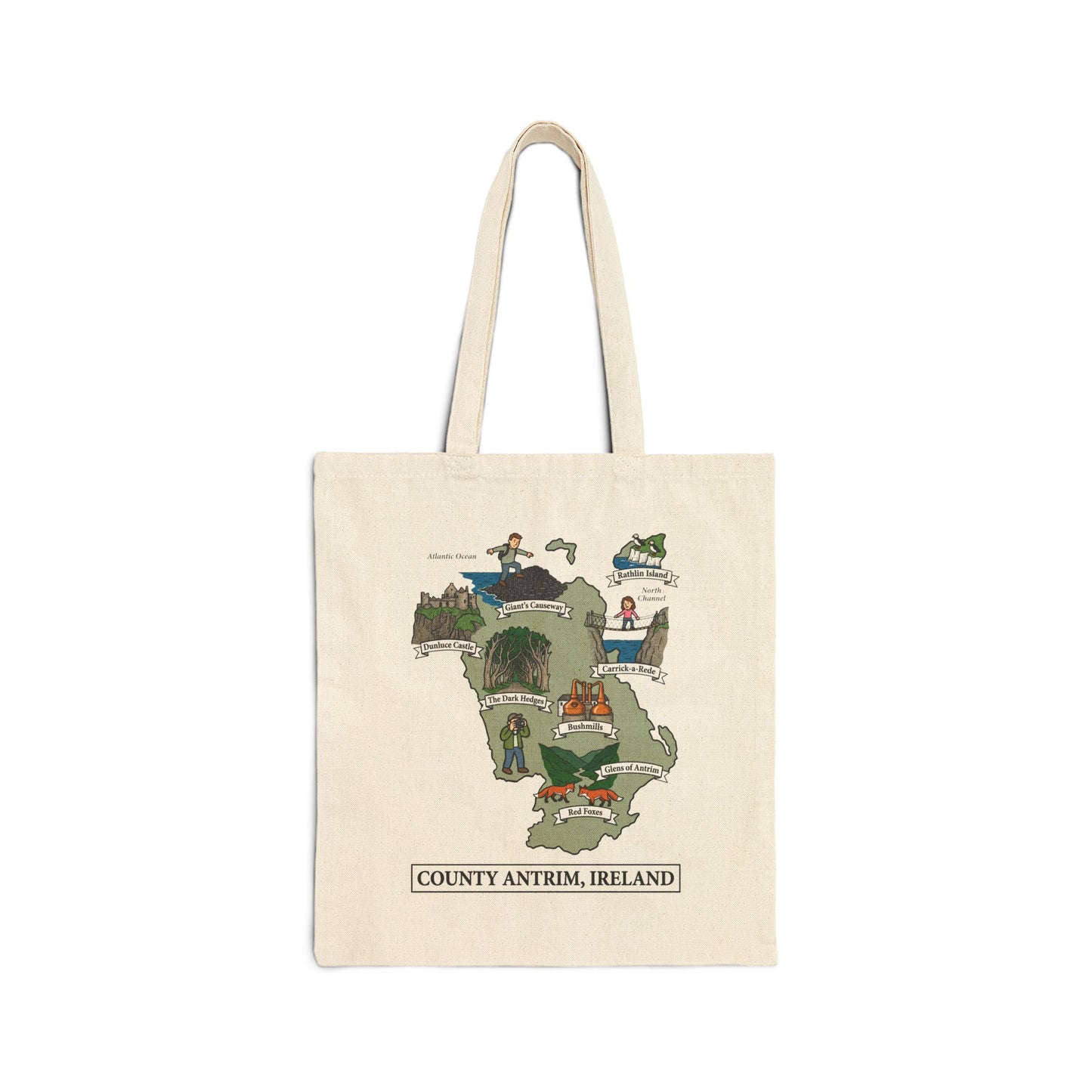 County Antrim map illustration Tote Bag | Ireland landmarks, coastal scenes