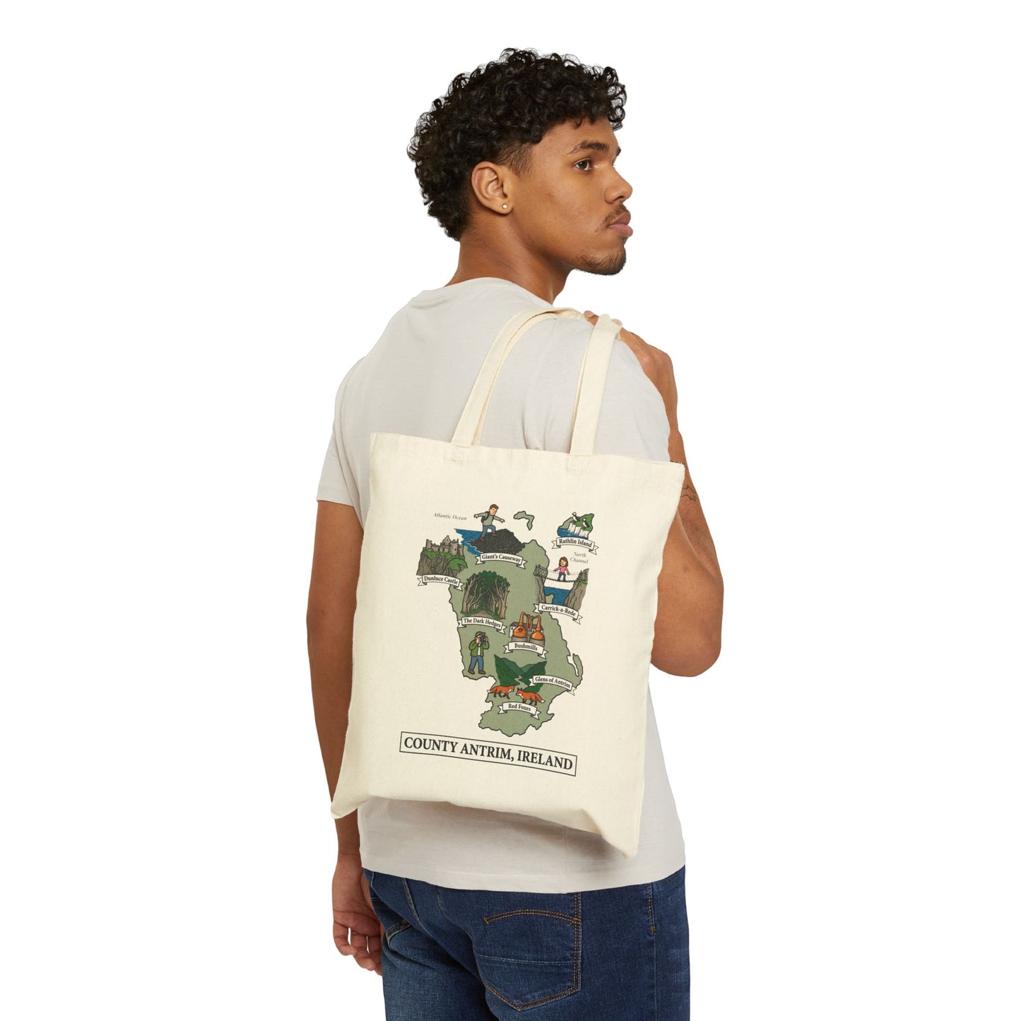County Antrim map illustration Tote Bag | Ireland landmarks, coastal scenes