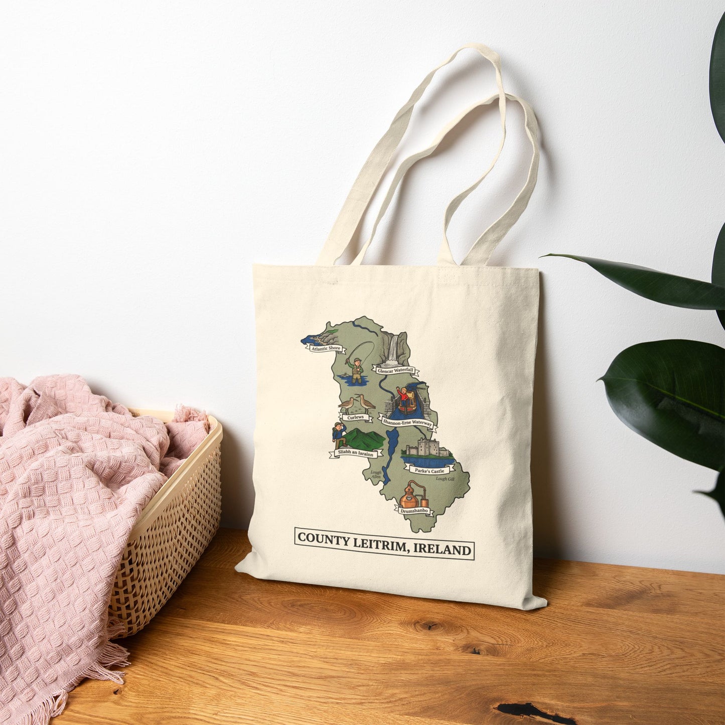 County Leitrim map illustration Tote Bag | Ireland landmarks, coastal scenes
