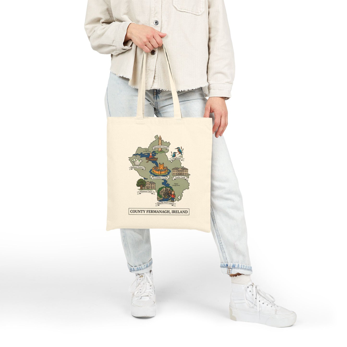 County Fermanagh map illustration Tote Bag | Ireland landmarks, coastal scenes