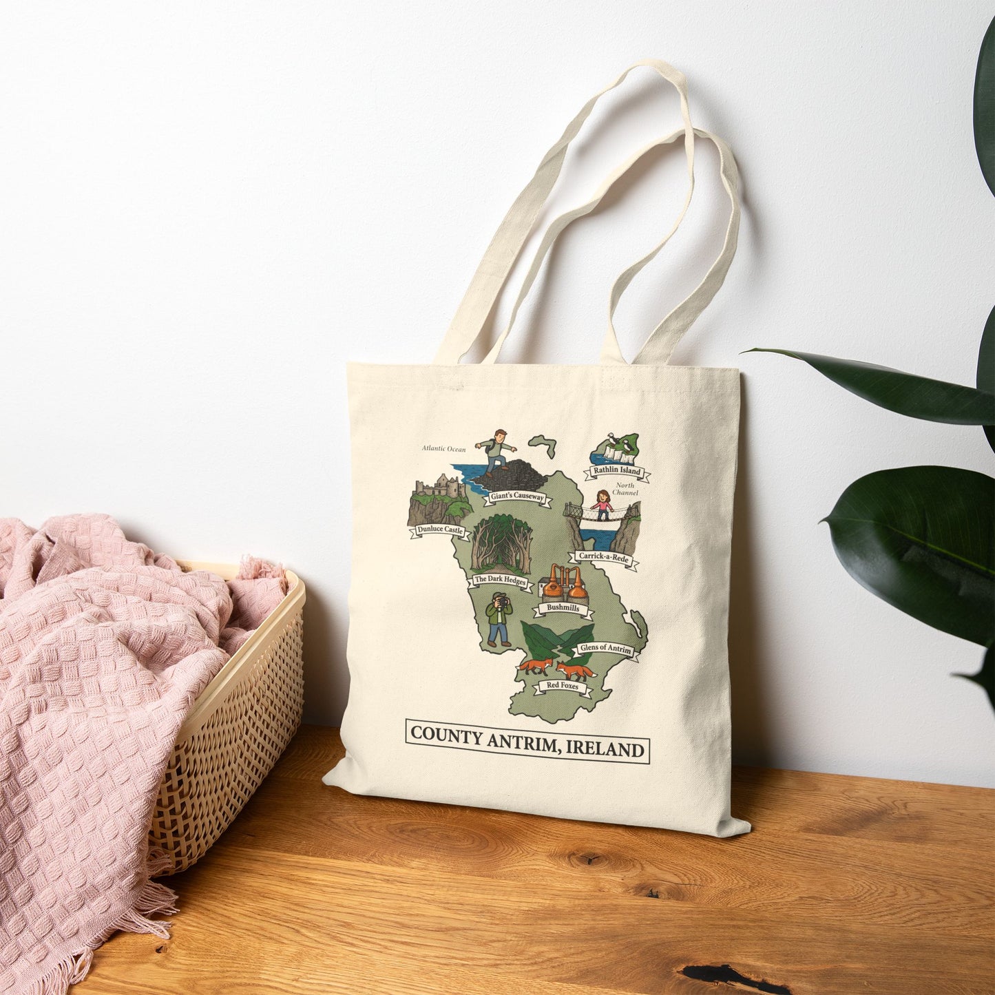 County Antrim map illustration Tote Bag | Ireland landmarks, coastal scenes