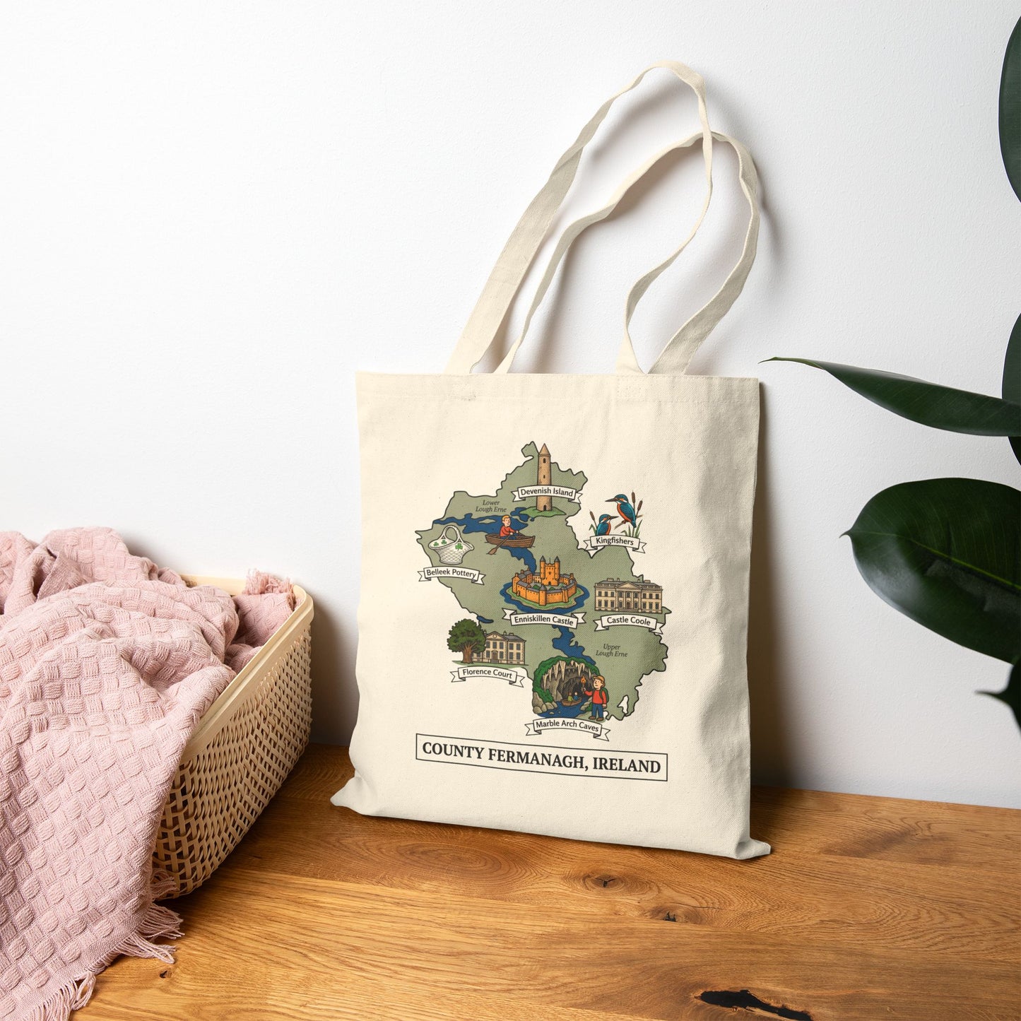 County Fermanagh map illustration Tote Bag | Ireland landmarks, coastal scenes