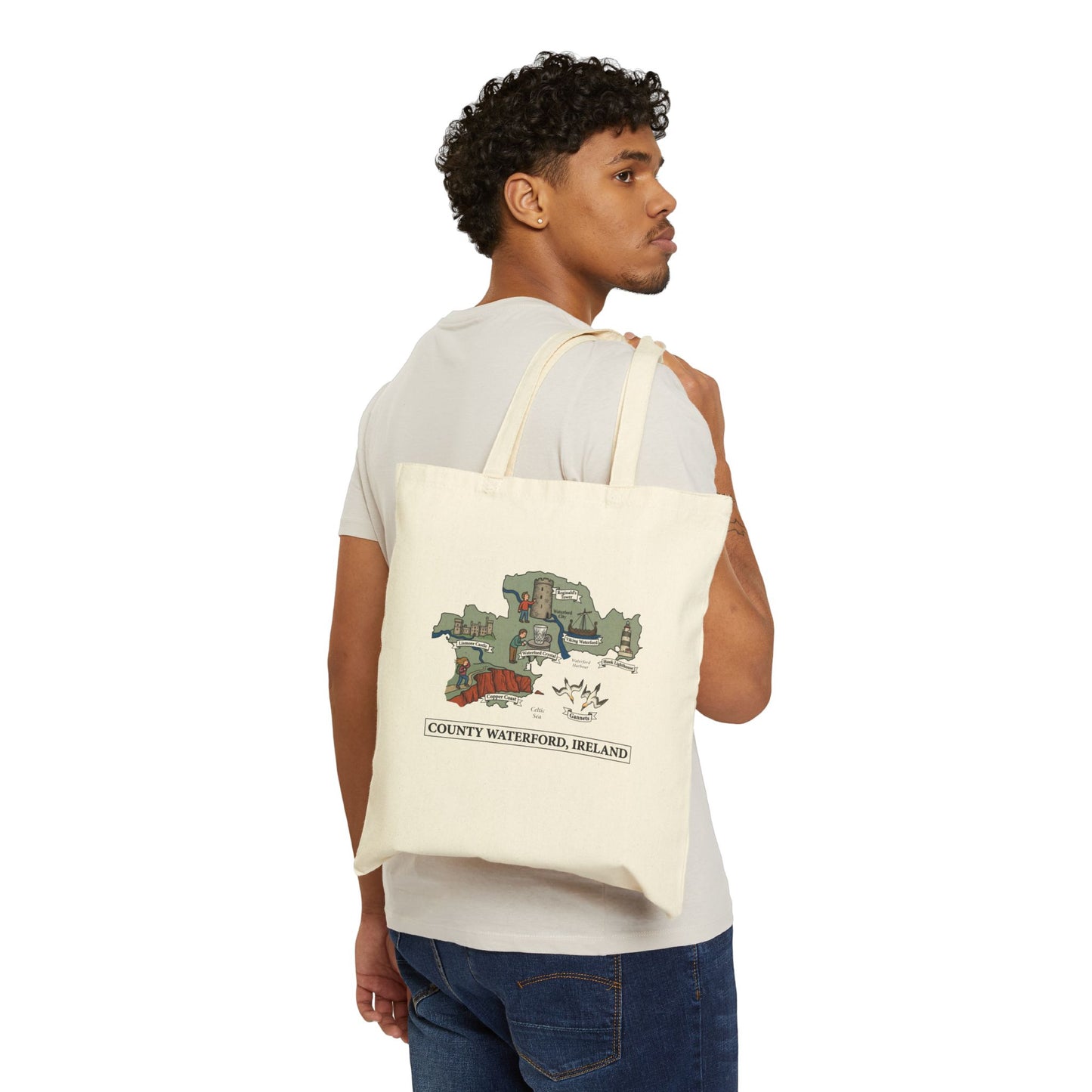 County Waterford map illustration Tote Bag | Ireland landmarks, coastal scenes