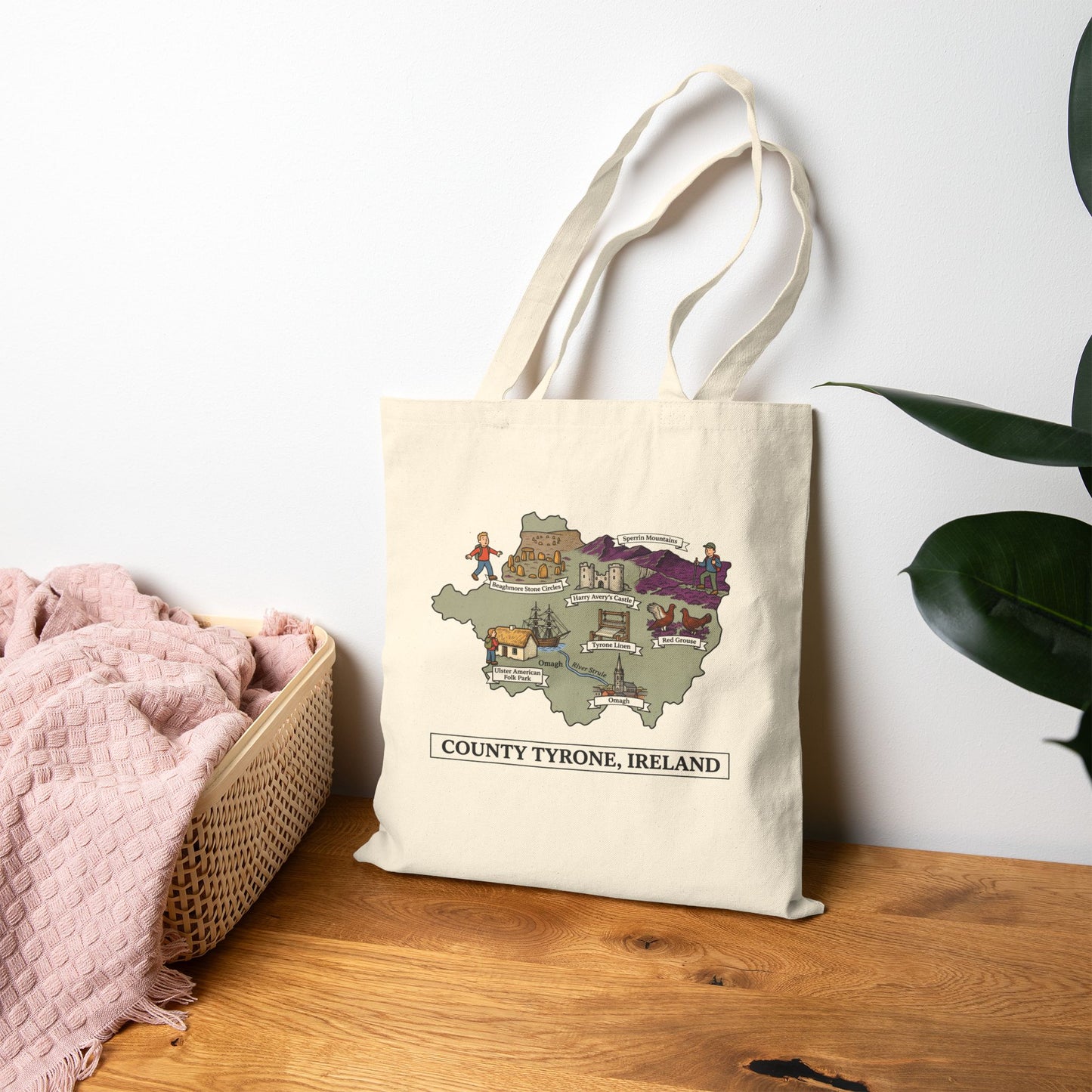County Tyrone map illustration Tote Bag | Ireland landmarks, coastal scenes