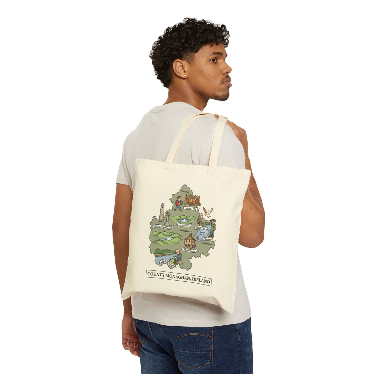 County Monaghan map illustration Tote Bag | Ireland landmarks, coastal scenes