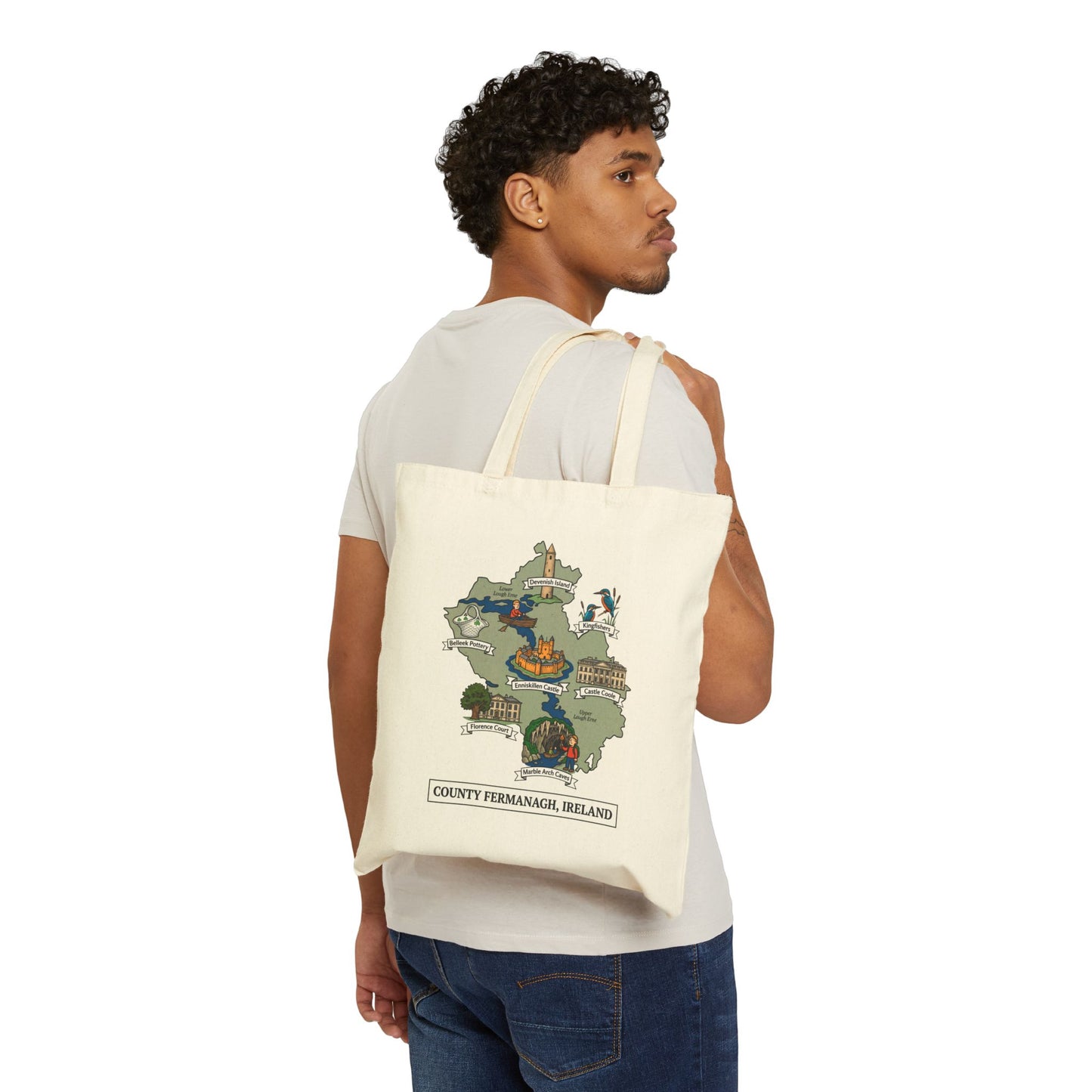 County Fermanagh map illustration Tote Bag | Ireland landmarks, coastal scenes