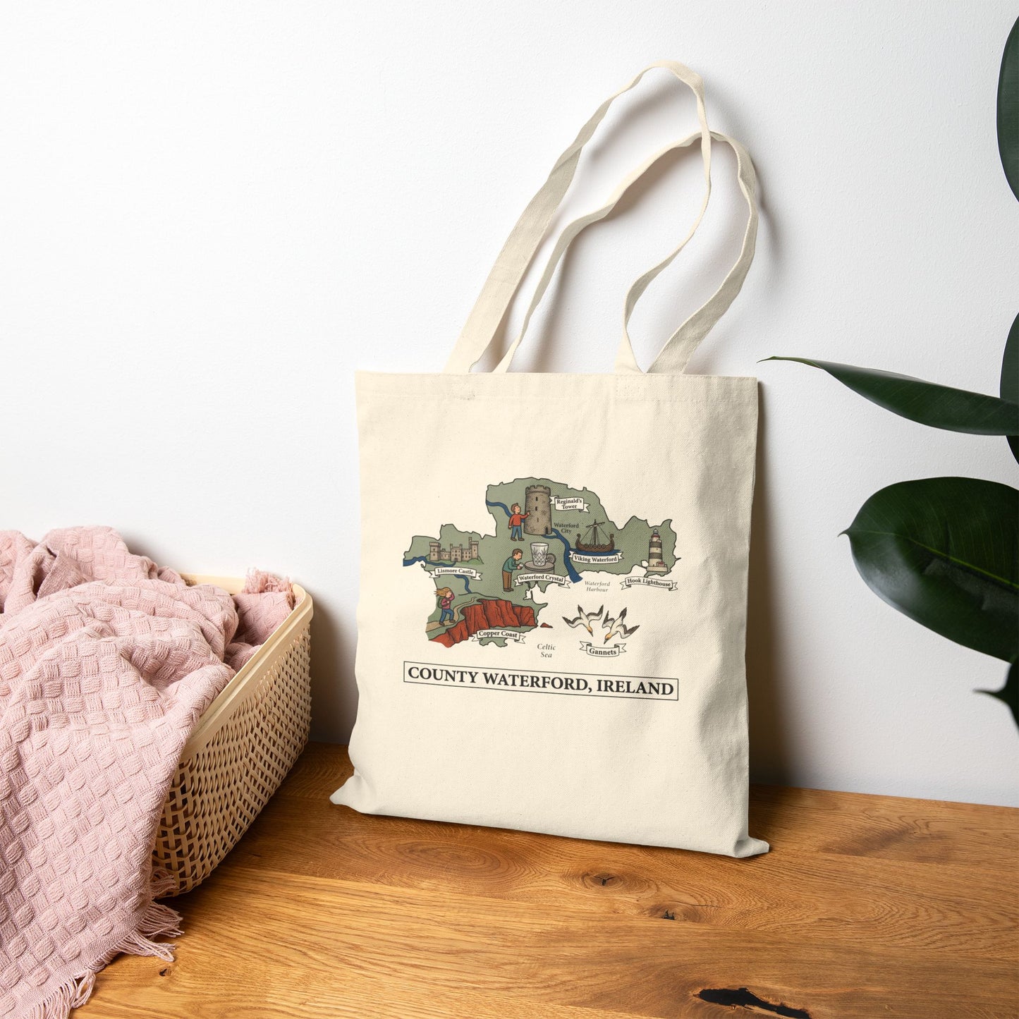 County Waterford map illustration Tote Bag | Ireland landmarks, coastal scenes