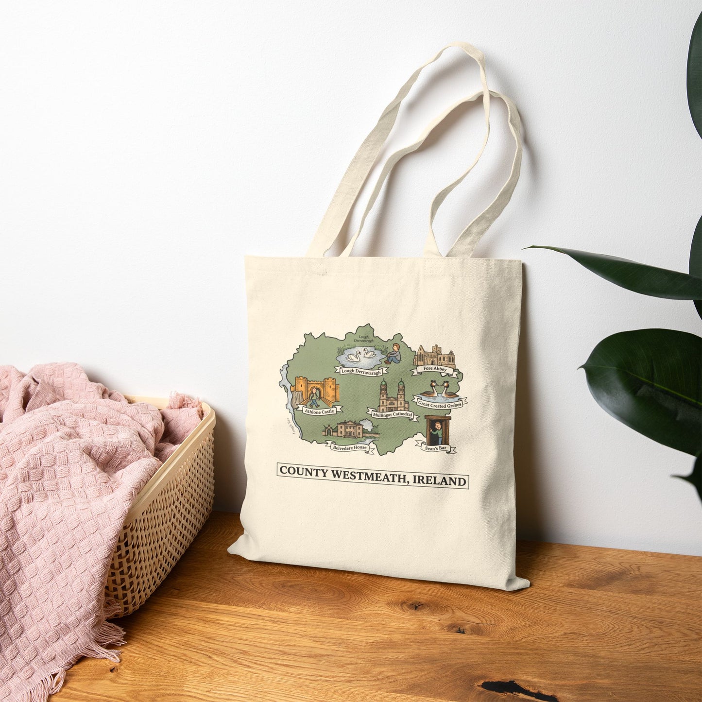 County Westmeath map illustration Tote Bag | Ireland landmarks, coastal scenes