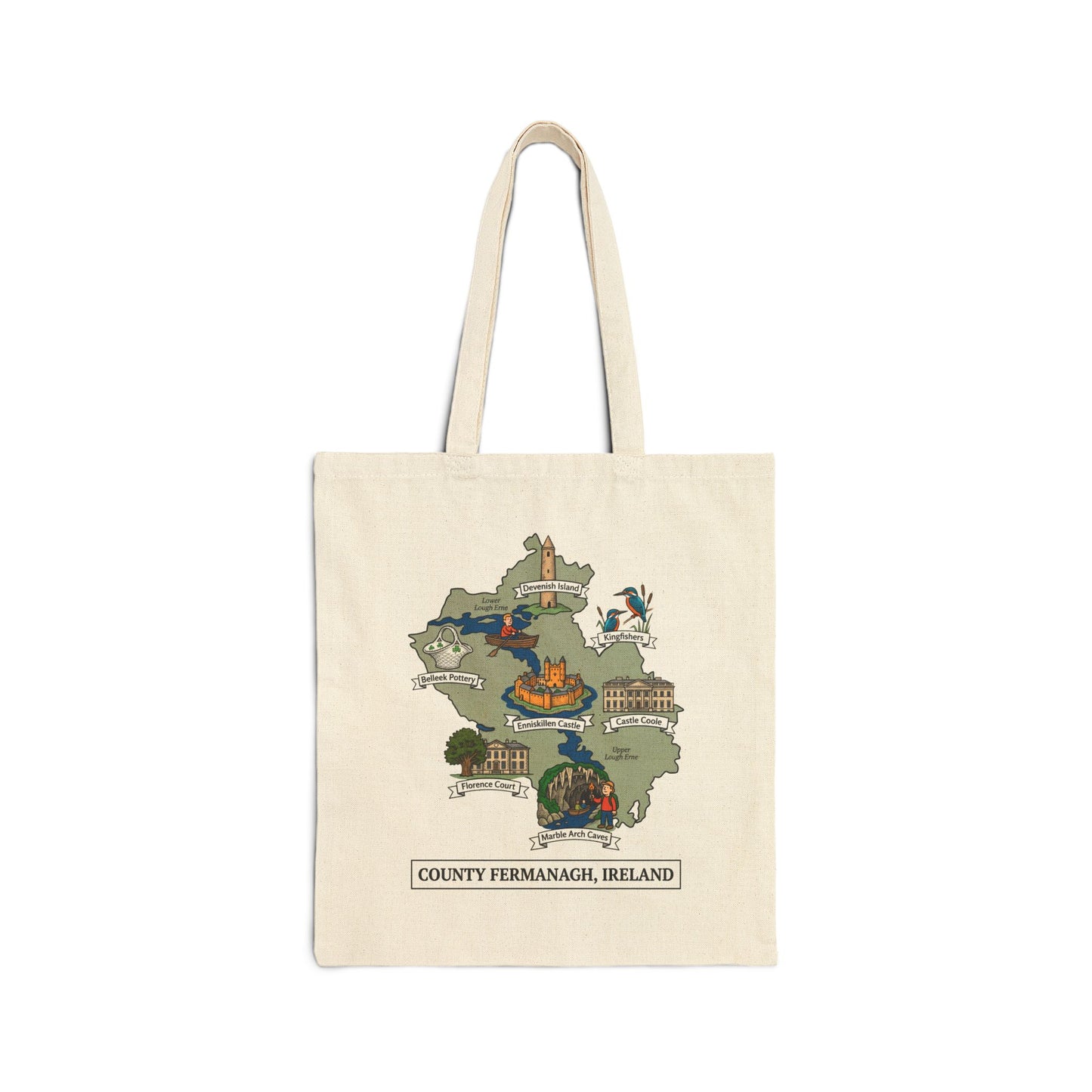 County Fermanagh map illustration Tote Bag | Ireland landmarks, coastal scenes