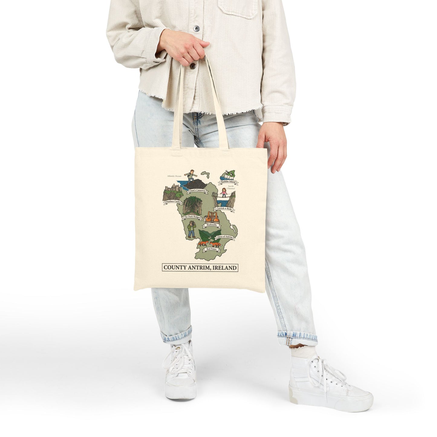 County Antrim map illustration Tote Bag | Ireland landmarks, coastal scenes