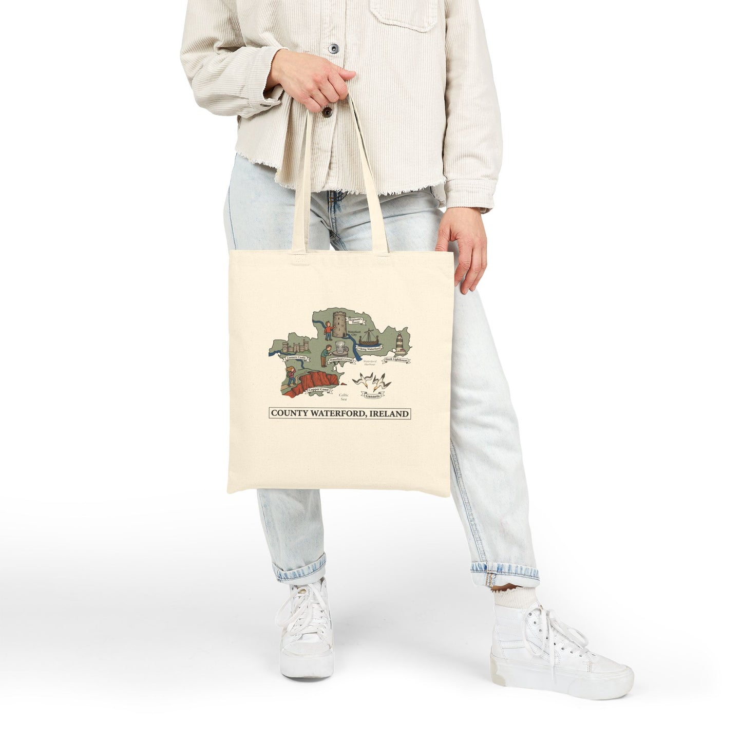 County Waterford map illustration Tote Bag | Ireland landmarks, coastal scenes
