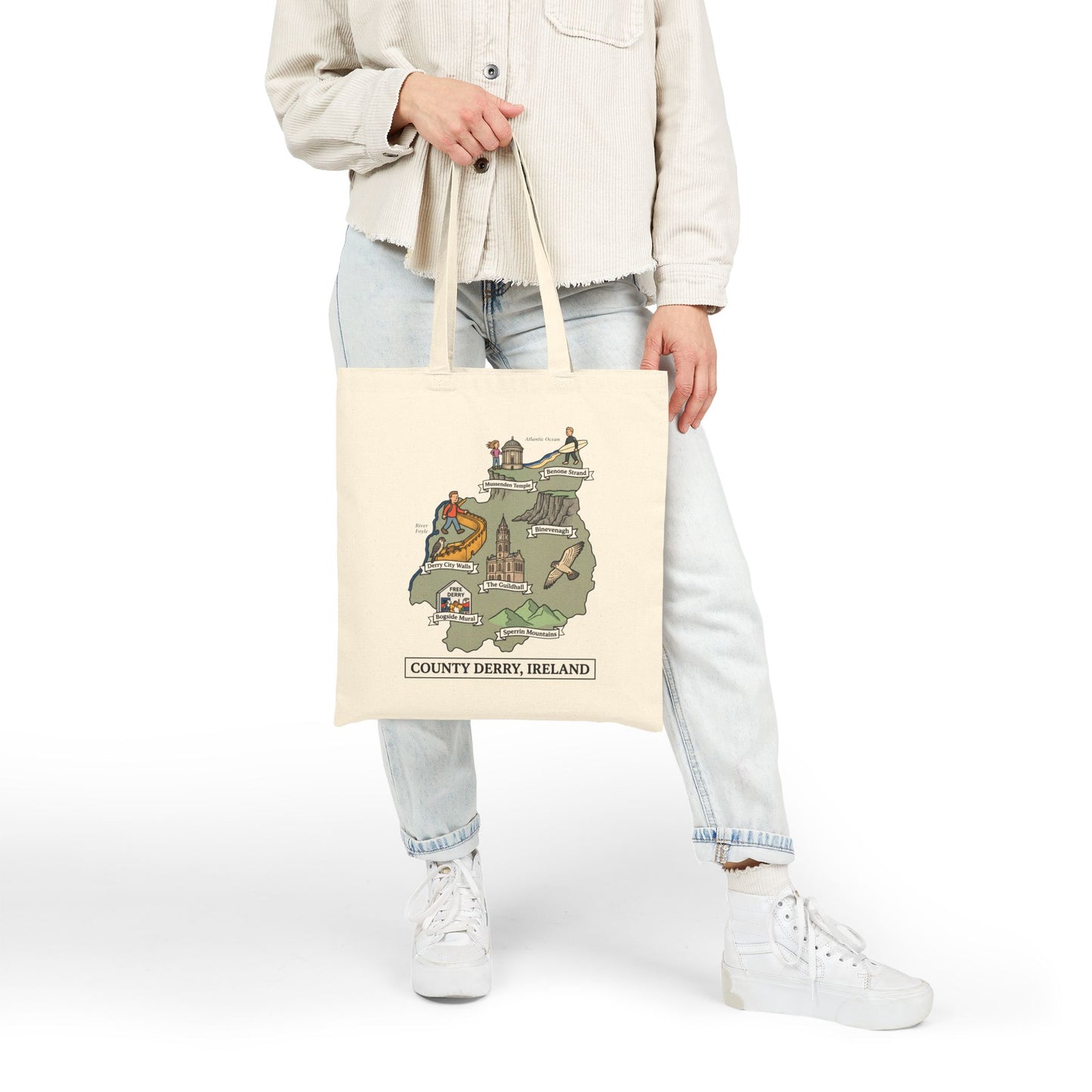 County Derry map illustration Tote Bag | Ireland landmarks, coastal scenes