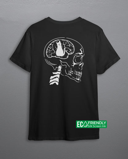 Black t-shirt with a white screen print of a skull and a cat.