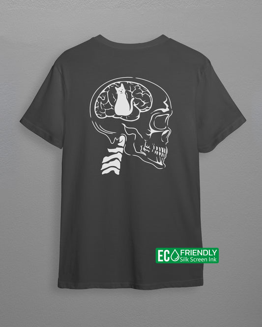 Charcoal t-shirt with a white screen print of a skull and a cat.